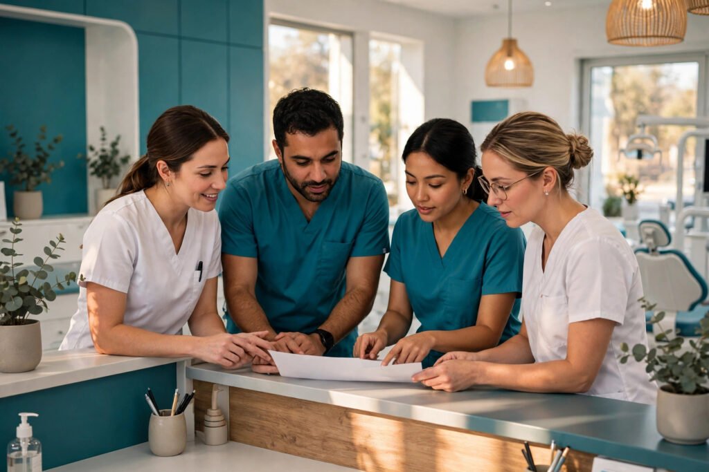 Editorial photo of a dental team reviewing a schedule at reception