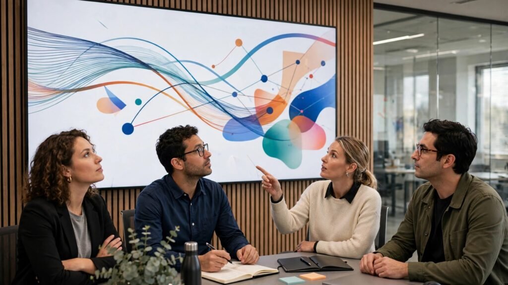 Editorial photo of a team reviewing code on a large screen