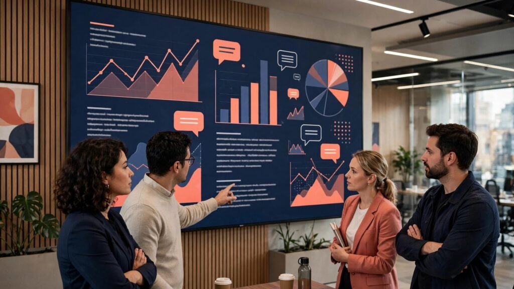 Marketing team reviewing social listening dashboard