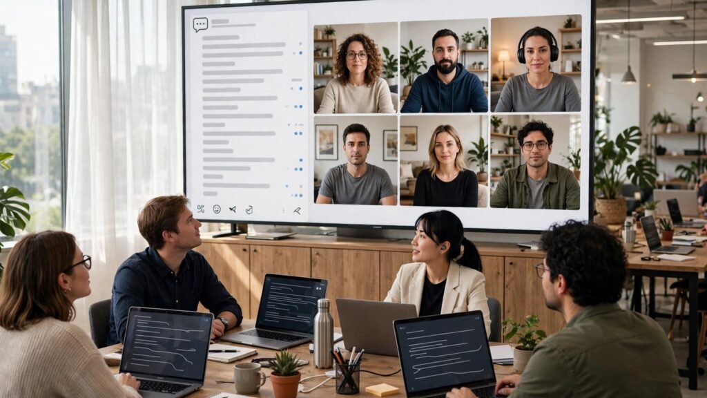 Remote team on a video call with chat on screen in a bright office