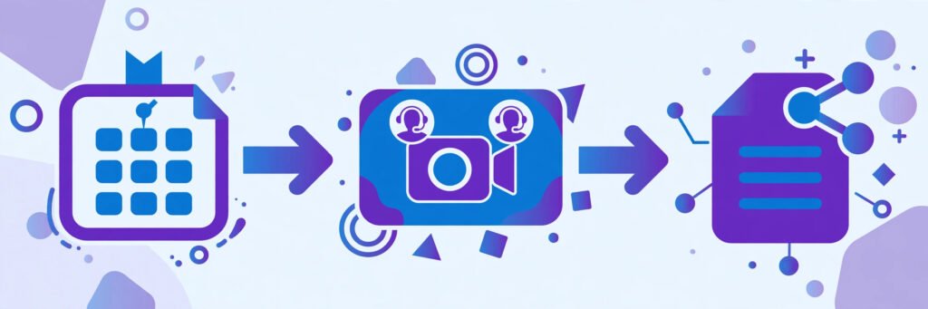 Flat vector illustration of a Microsoft Teams workflow from calendar to meeting to document