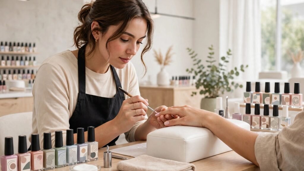 Nail technician painting a client nails in a modern salon