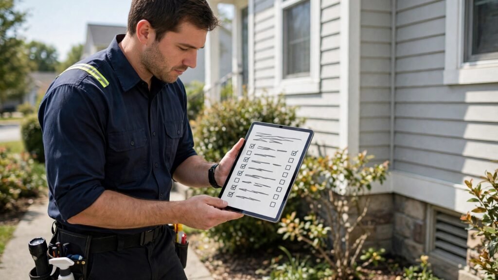 Pest technician reviewing service history on a tablet