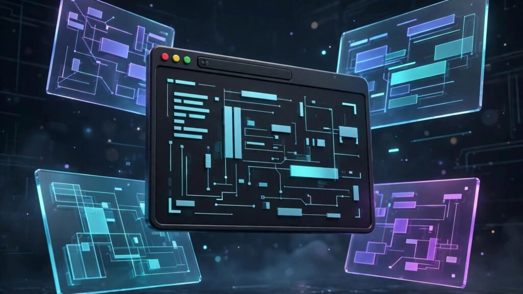 3D render of a terminal window with floating code panels
