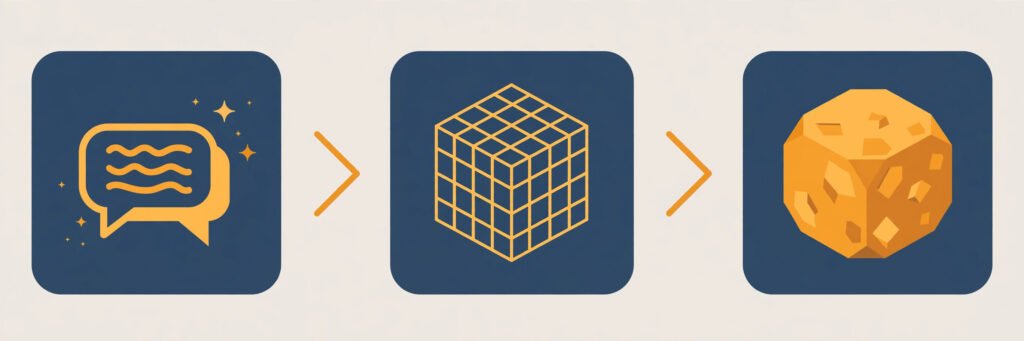 Flat vector illustration of a text to 3D workflow from prompt to finished model