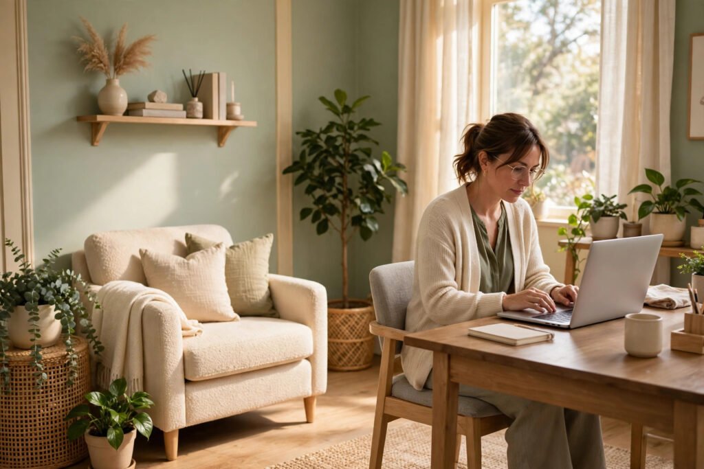 Photorealistic photo of a therapist reviewing notes on a laptop in a therapy room