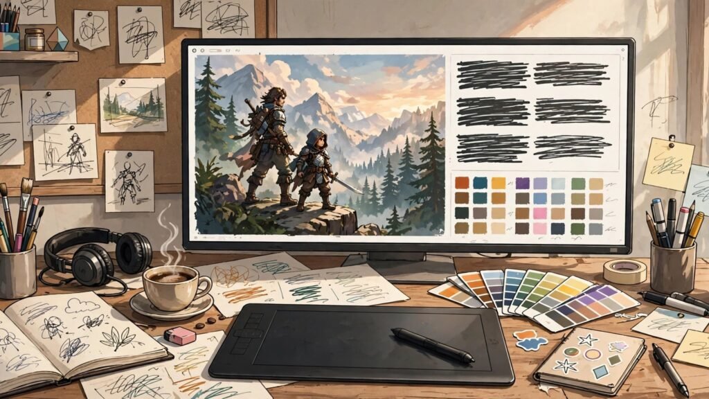 Thumbnail design workspace with game art bold text and colour swatches