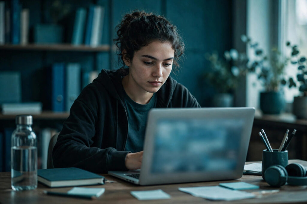 Editorial photo of a student taking a timed online exam