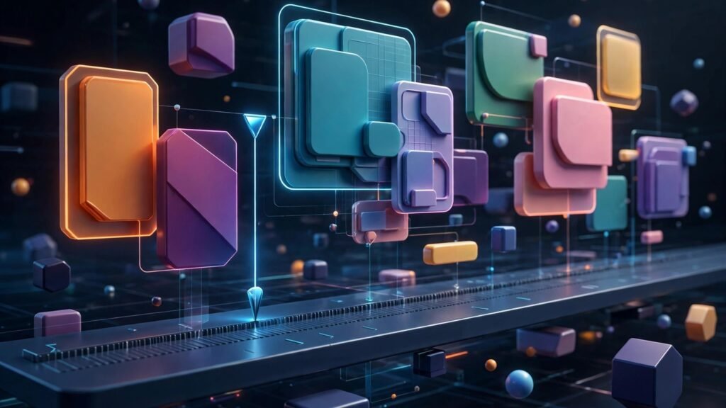 3D render of a video editing timeline with floating clip panels