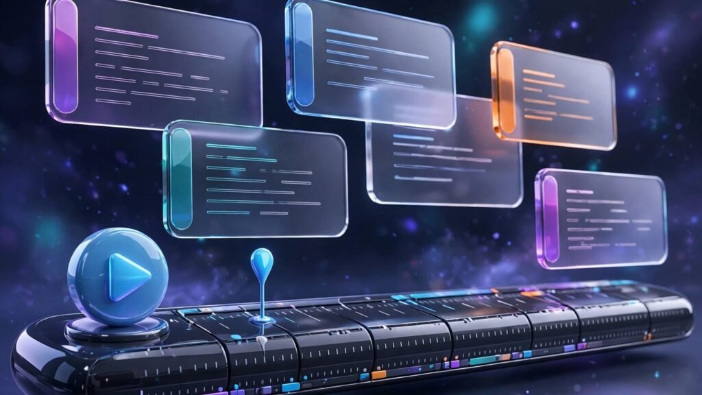 3D render of a video timeline with floating clip panels