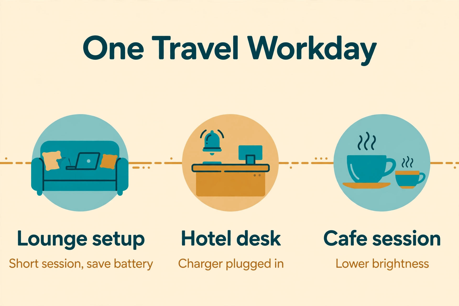 Travel workday timeline from lounge to hotel desk to cafe