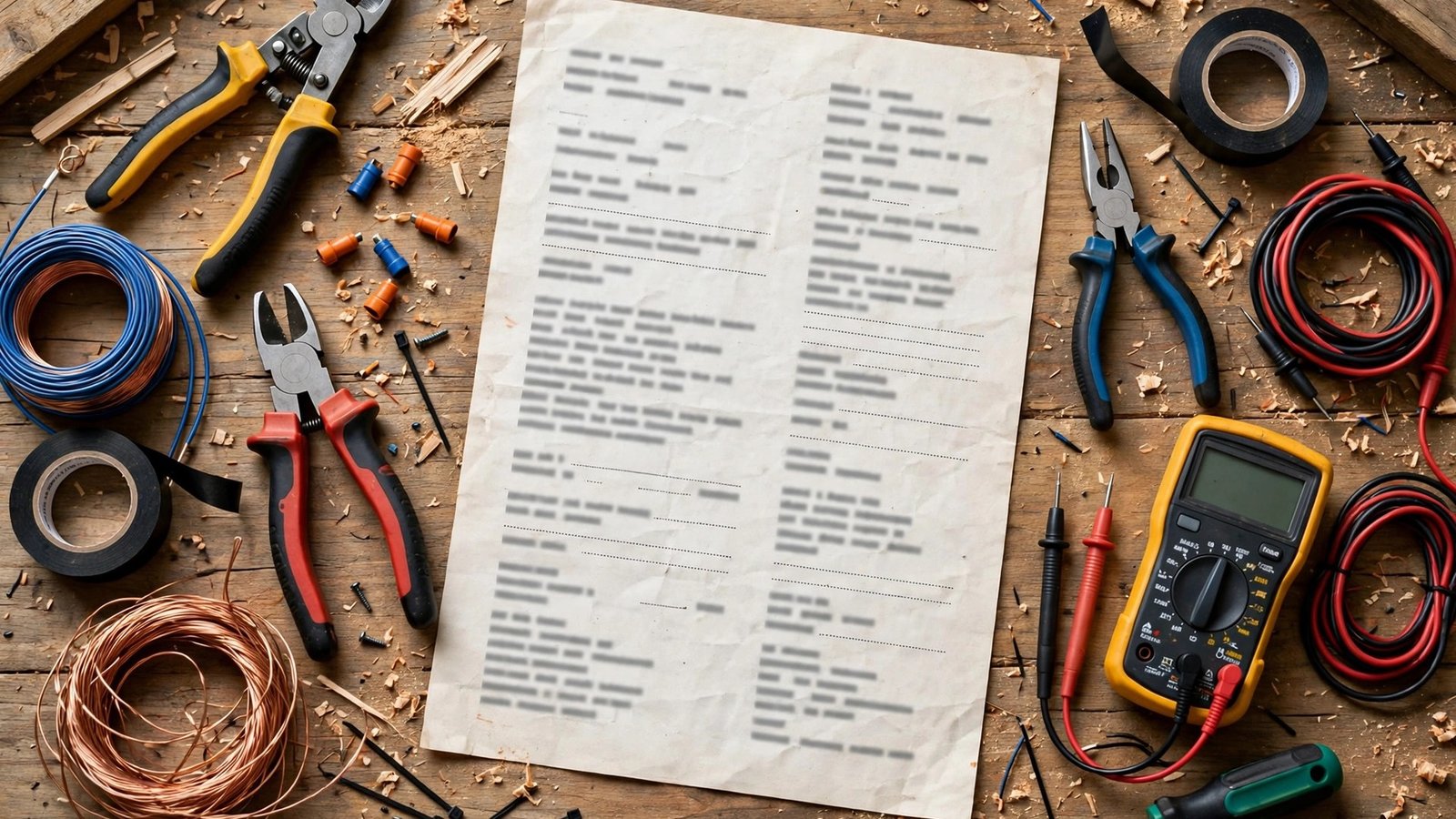 Electrical tools and invoice on a workbench