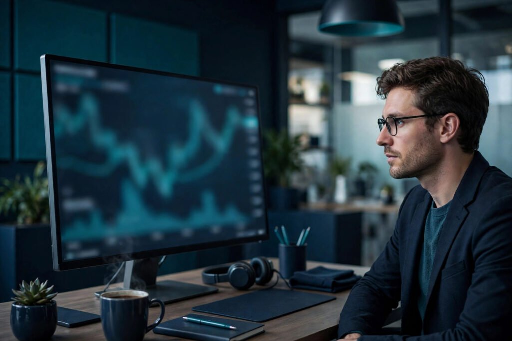 Photorealistic photo of an investor reviewing stock charts on a desk monitor