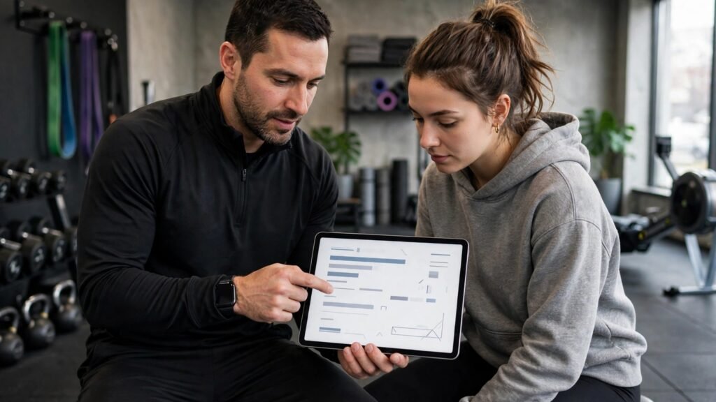 Personal trainer reviewing a workout plan with a client