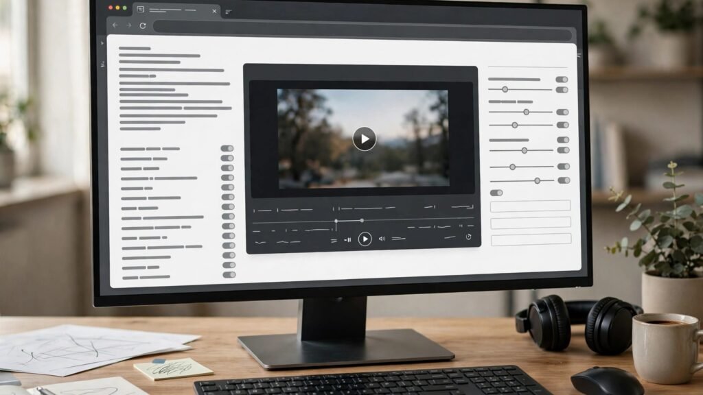 Browser editor showing transcript editing and caption styling