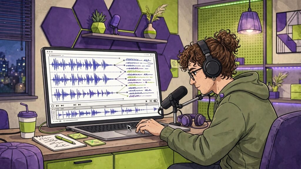 Podcaster editing a podcast by editing its transcript