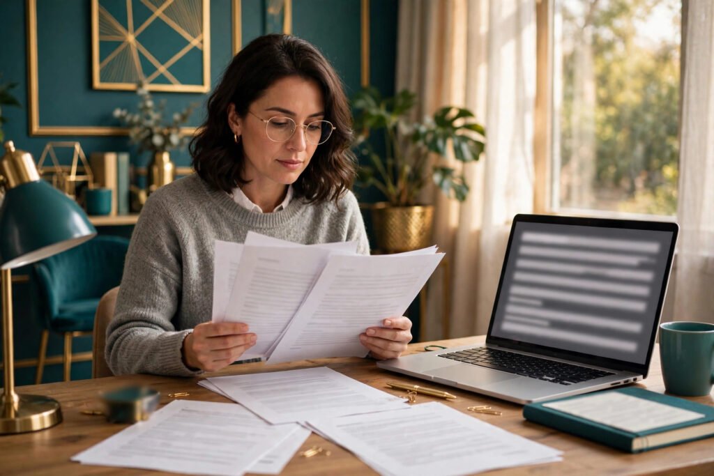 Photorealistic photo of a translator reviewing a translated document at a desk