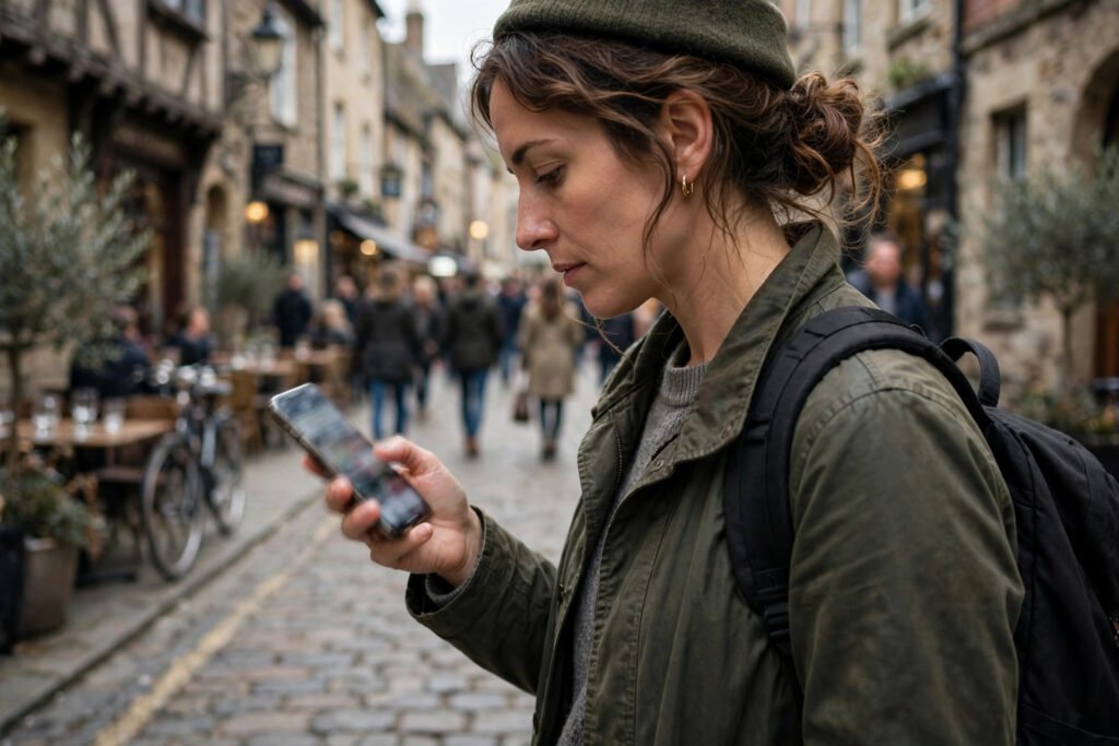Editorial photo of a traveller checking a phone for directions in an old town street