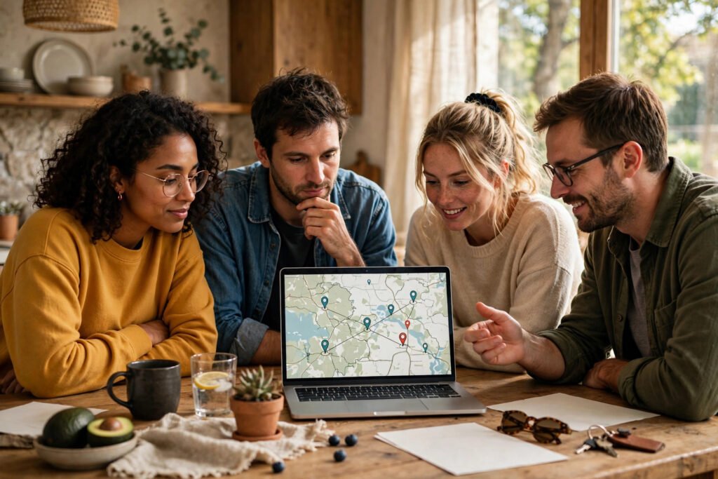 Photorealistic photo of friends planning a trip together around a laptop