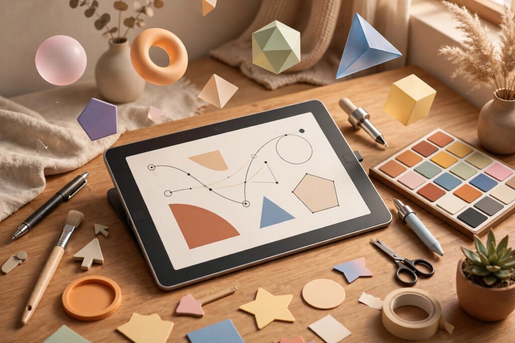 3D render of vector illustration tools and floating shapes around a design dashboard