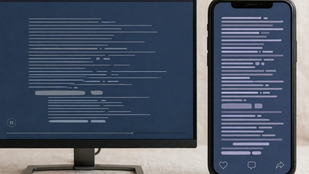 Wide screen tutorial video beside a vertical social clip on a phone