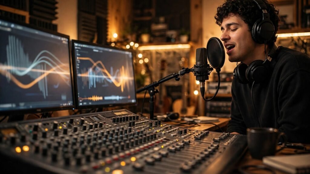 Musician working on vocal production in studio