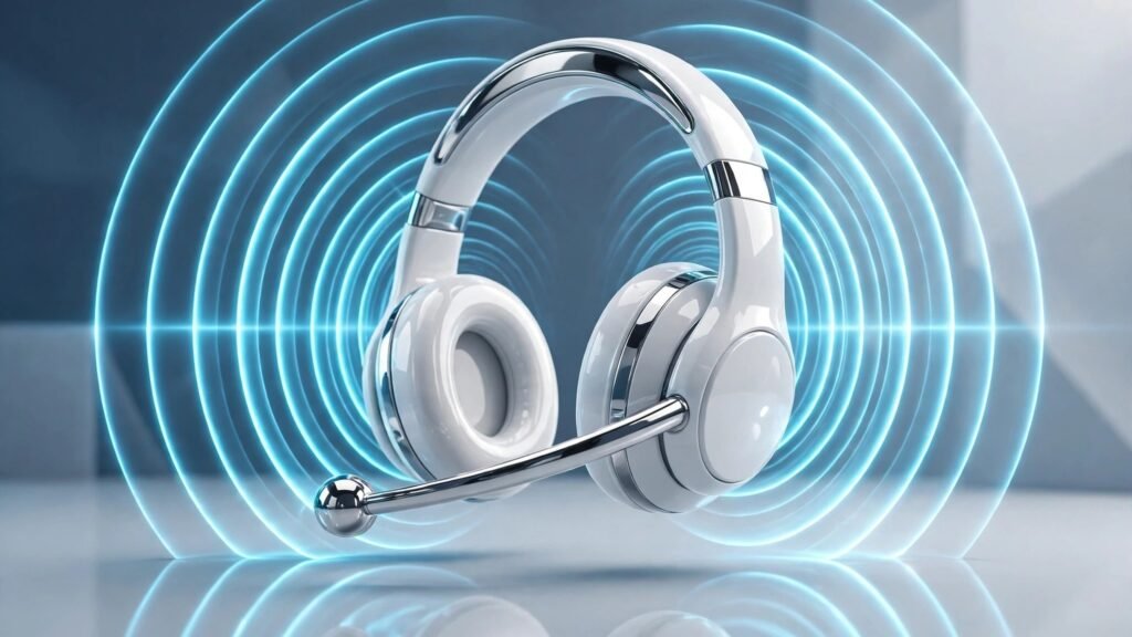 3D render of an AI voice assistant headset with sound waves