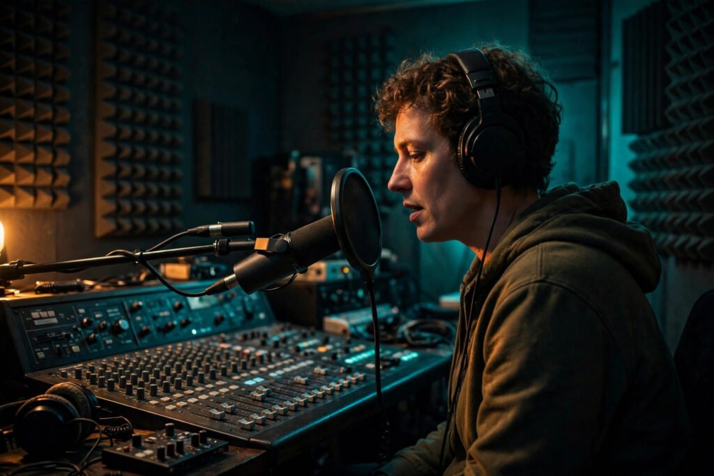 Editorial photo of a sound designer recording voice lines in a studio