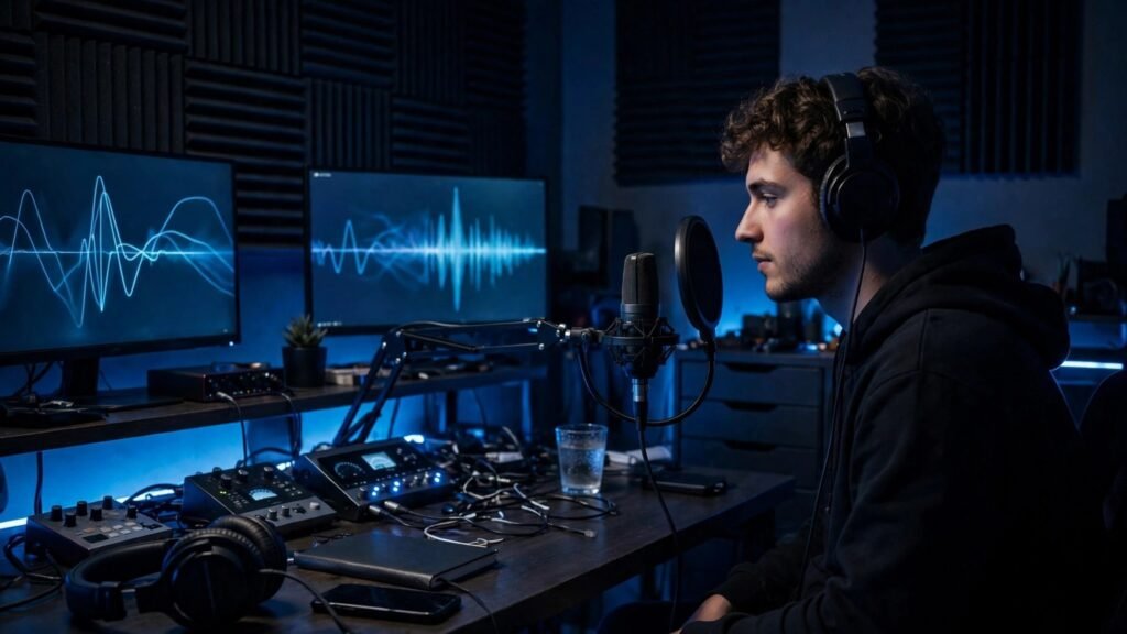 Creator recording voice sample in home studio