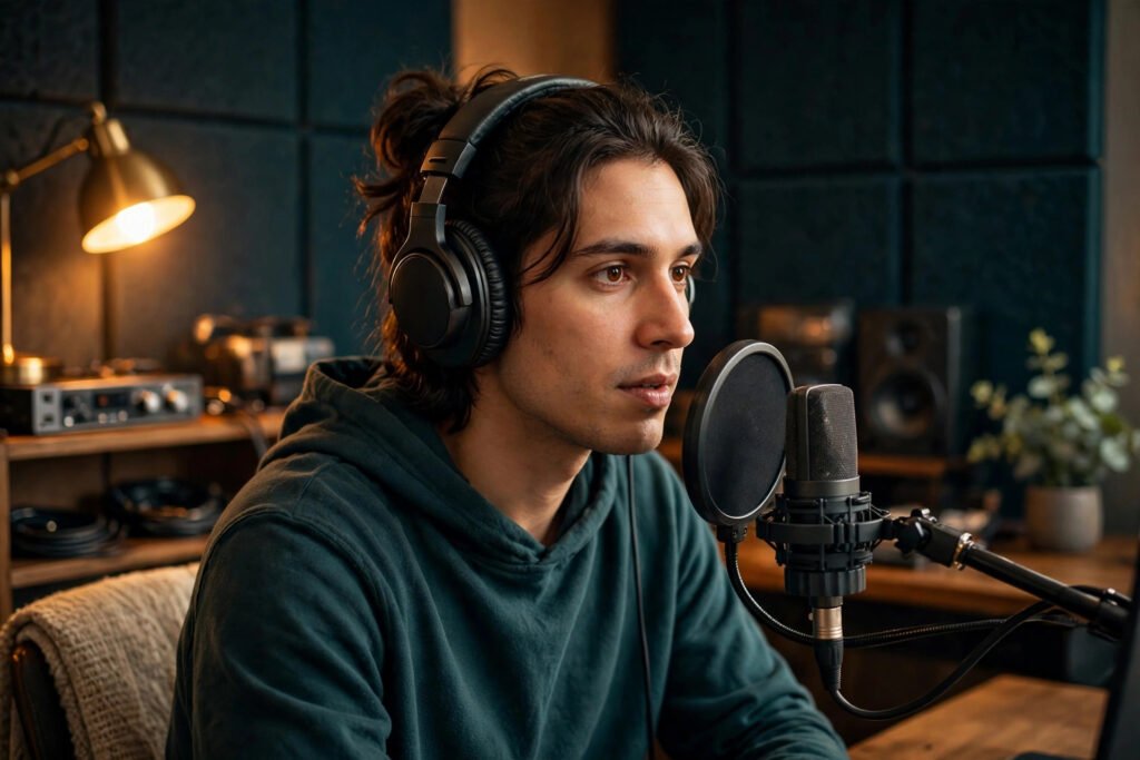 Photorealistic photo of a creator recording voiceover in a home studio
