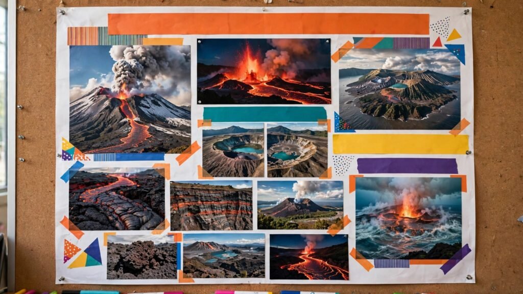 Colourful student project poster about volcanoes
