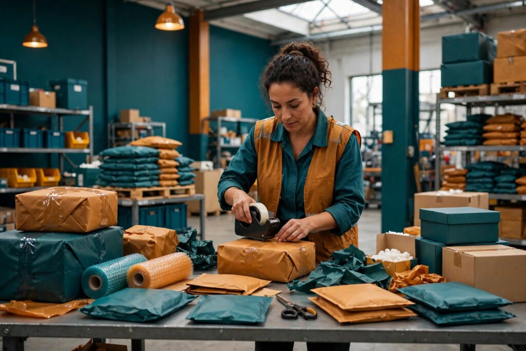 Photorealistic photo of parcels being prepared for shipping in a warehouse