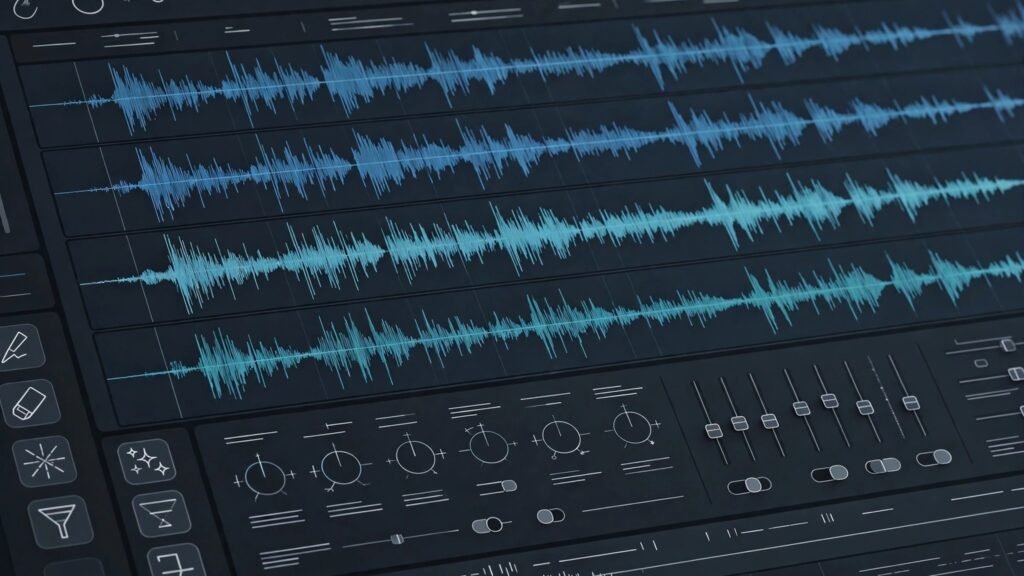 Audio waveform and cleanup controls on an editing screen