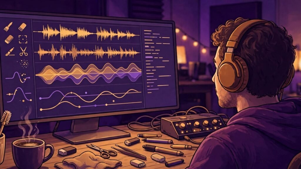 Audio waveform editing and cleanup on a screen