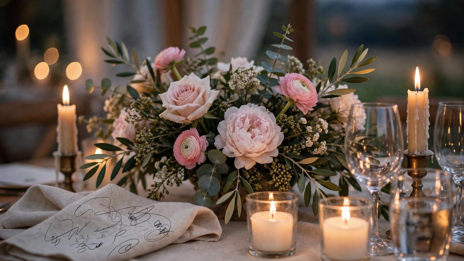 Wedding table centrepiece with fresh flowers and candles