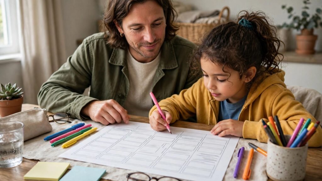 Parent and child planning a homeschool week together at a table