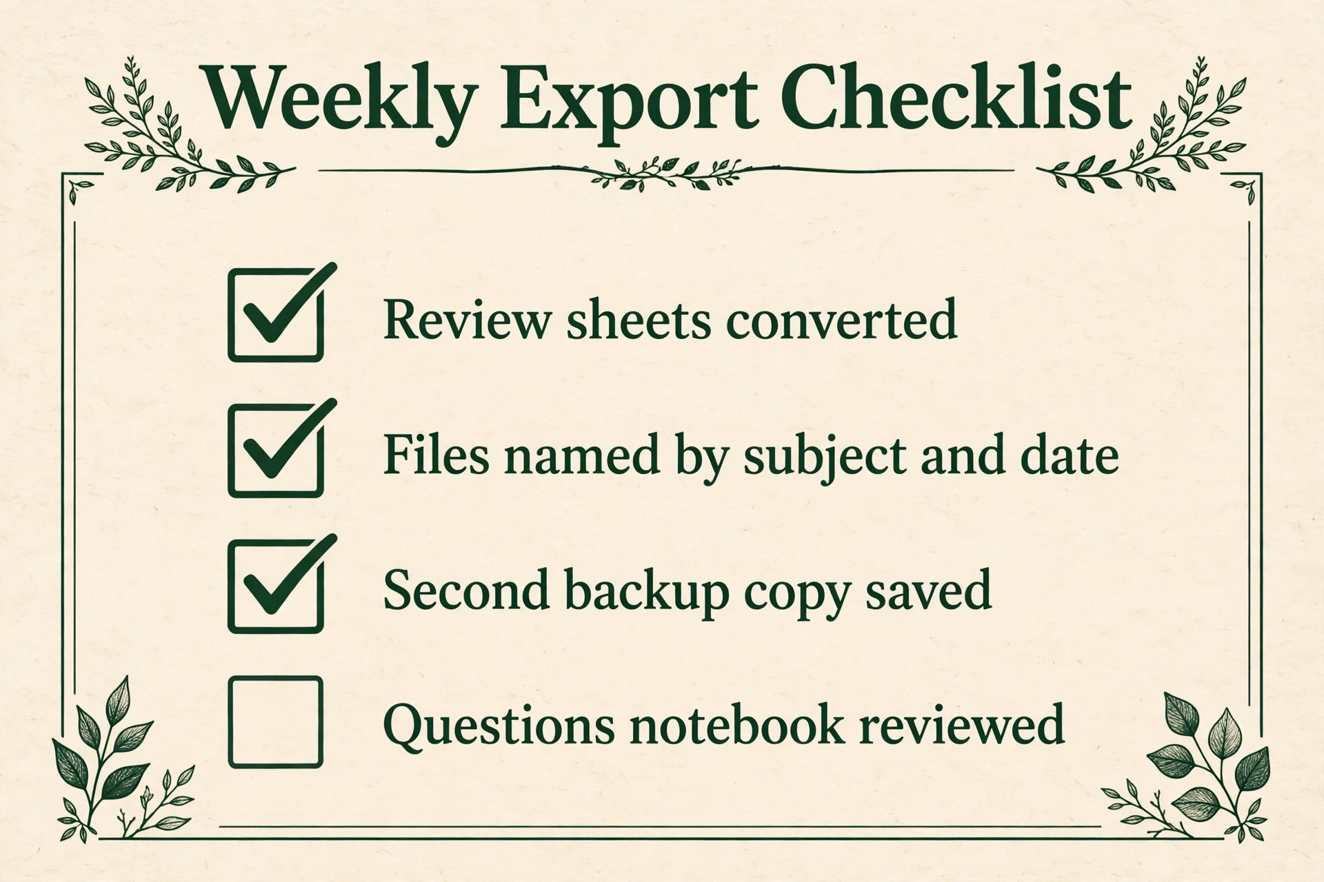Weekly export checklist visual for Kindle Scribe notes