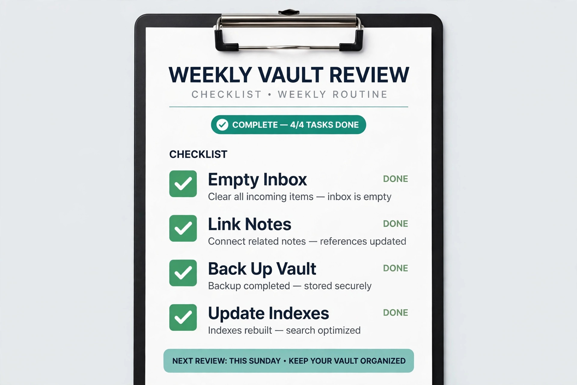Weekly vault review checklist visual