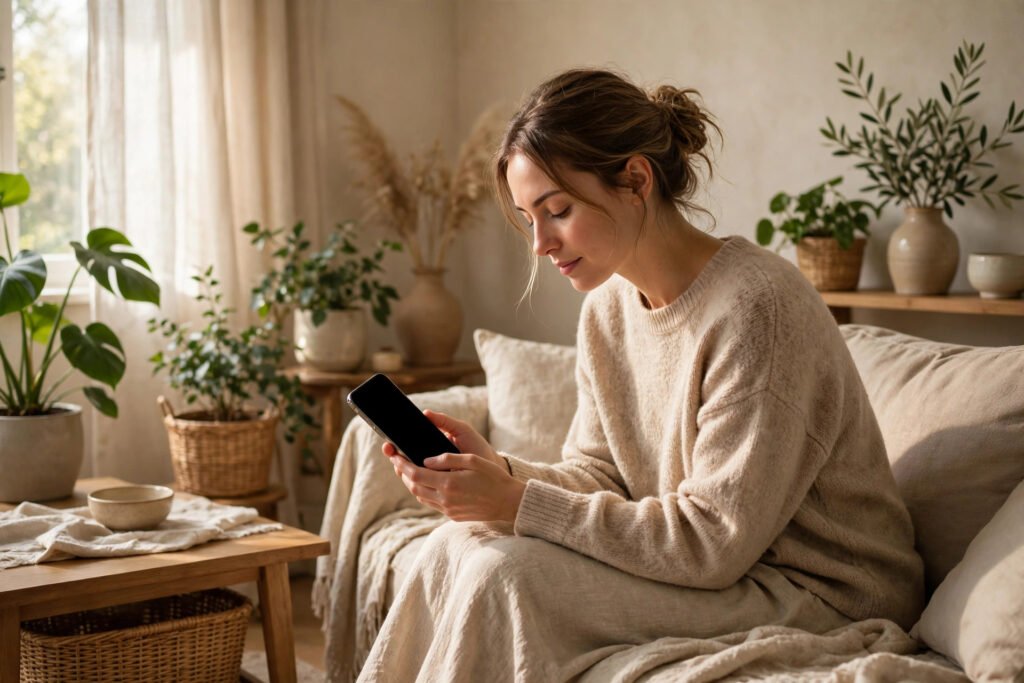 Editorial photo of a person using a phone for a guided wellbeing exercise at home