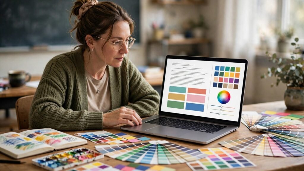 Yoga teacher designing a workshop flyer on a laptop