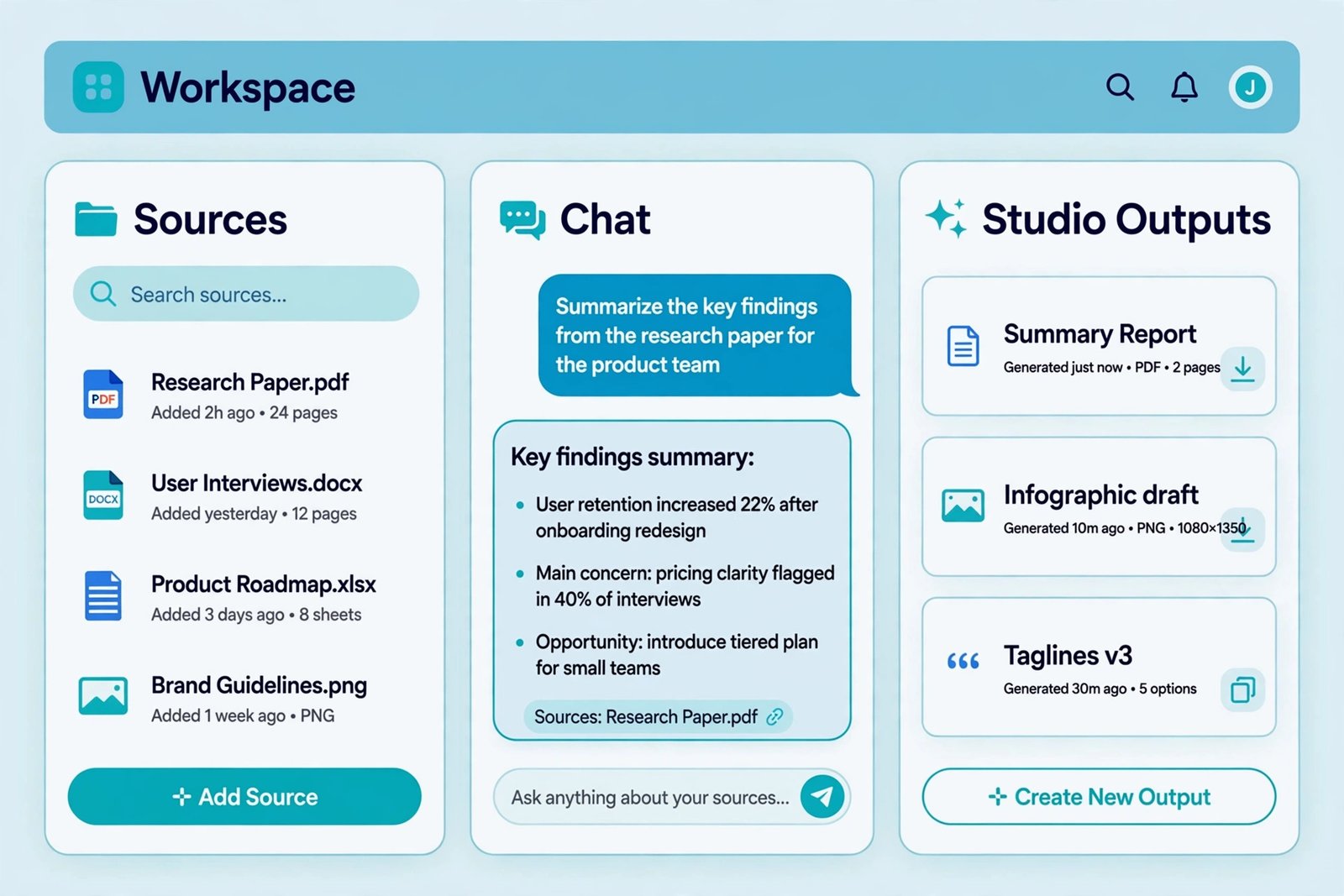 NotebookLM workspace — sources, chat and Studio panels