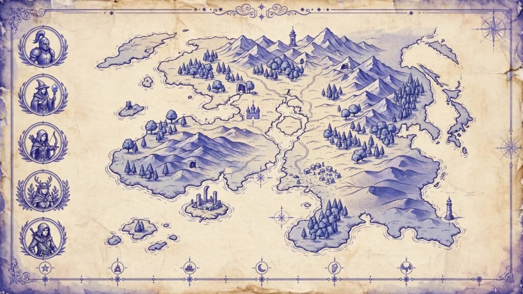 Fantasy worldbuilding map with locations and timeline
