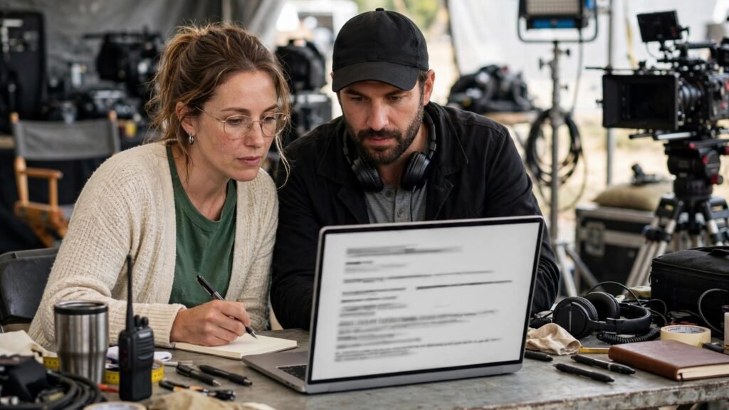 Writer and director reviewing screenplay on film set