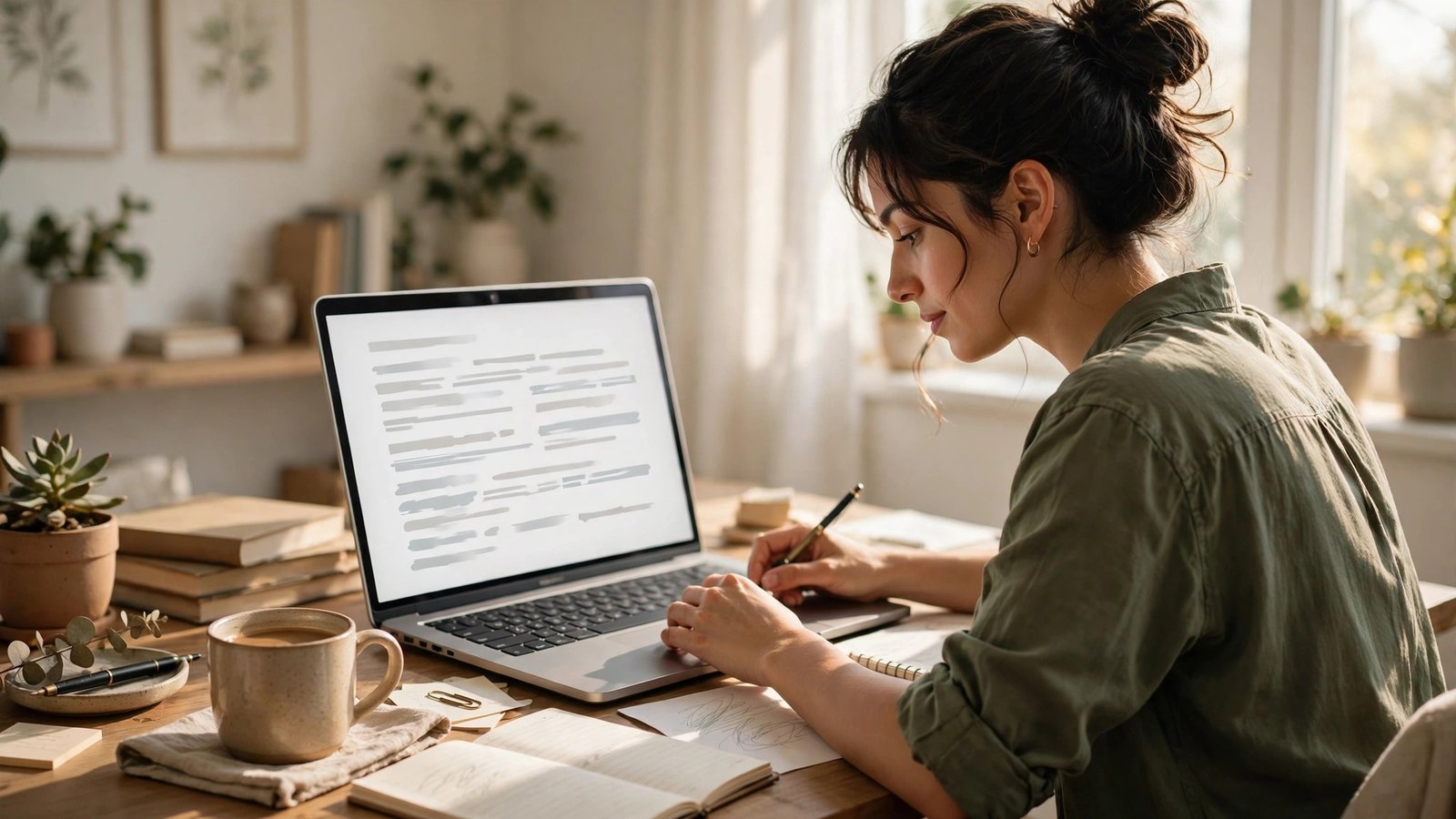 Writer drafting a newsletter essay on a laptop
