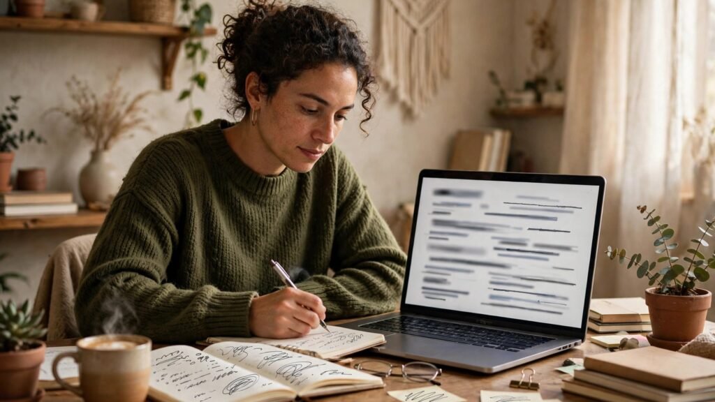 Freelance writer researching a niche at a desk