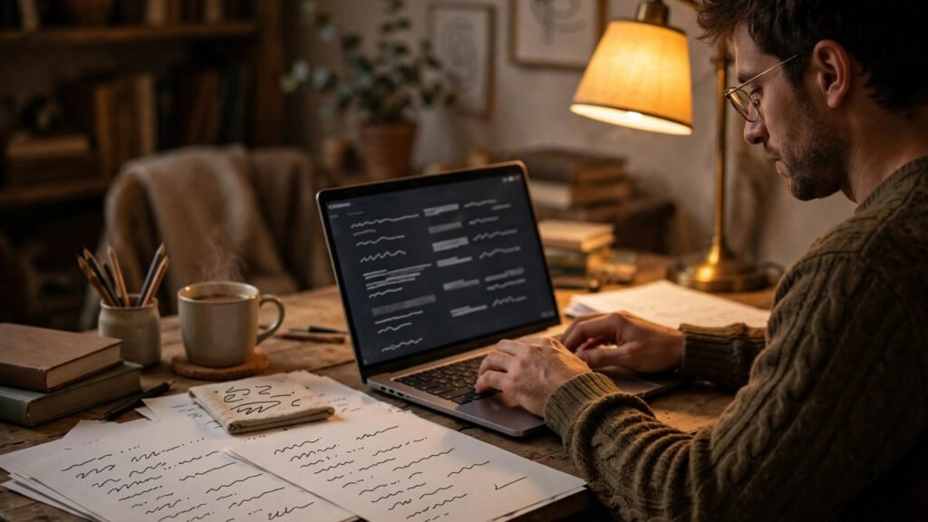 Writer typing screenplay at desk