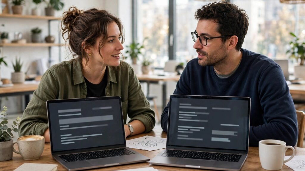 Writers collaborating on screenplay on laptops