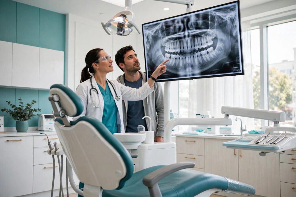 Photorealistic photo of a dentist showing a patient an X-ray on a large screen