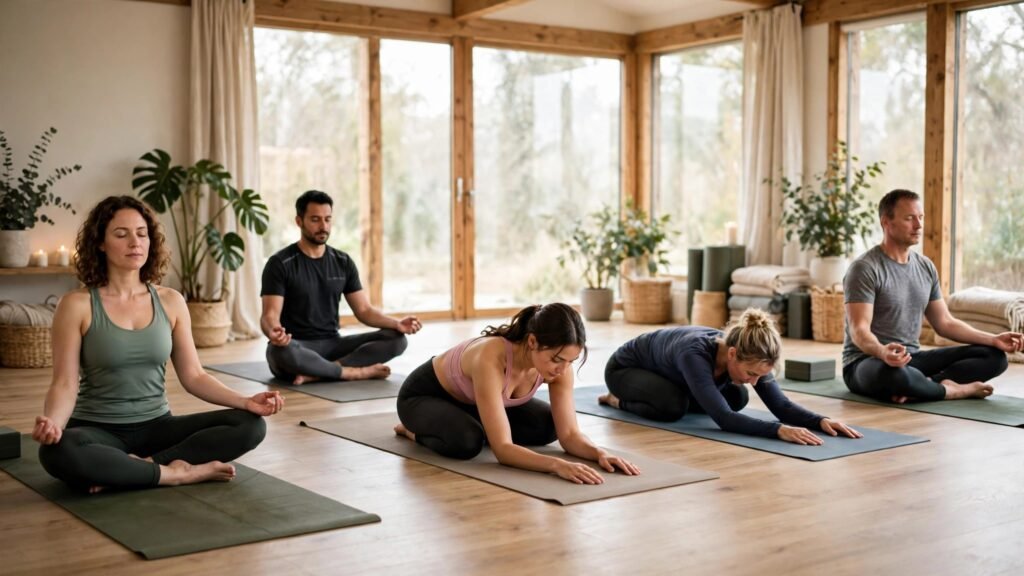 Yoga class in progress in a light filled studio